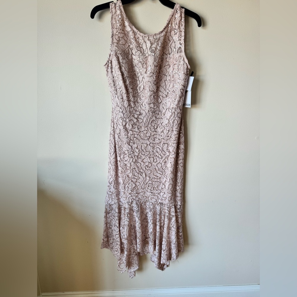 Kensie Lace Midi Dress with Fairy Bottom  in Soft Taupe